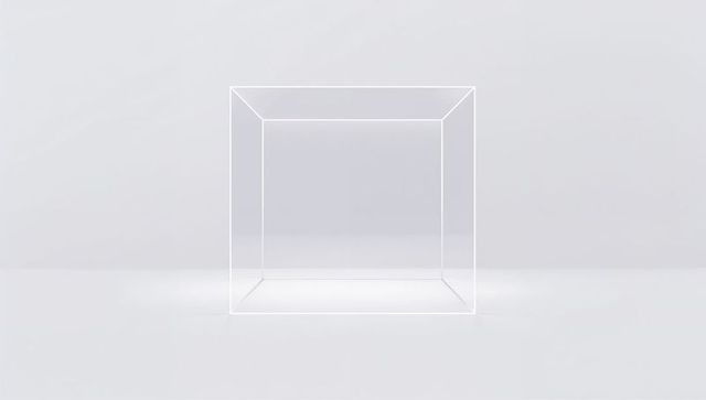 Floating translucent wireframe cube with glowing edges on minimal white background