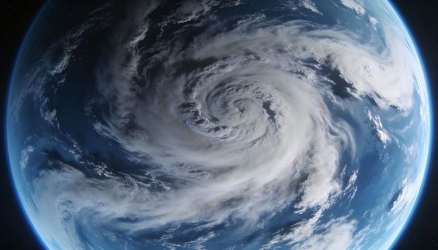 Swirling cyclone over deep blue ocean from orbit