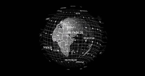 Rotating globe with digital grid and floating timestamps in virtual interface