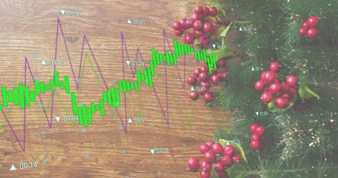 Festive finance data overlay with green candlestick chart and purple line graph on wood