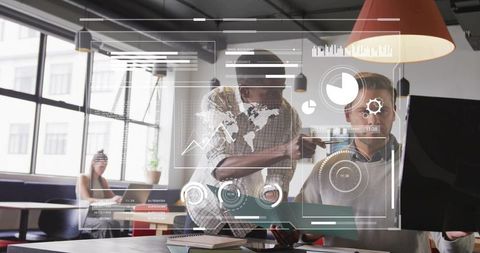 Analytics Team Collaborating with Holographic Display in Modern Office