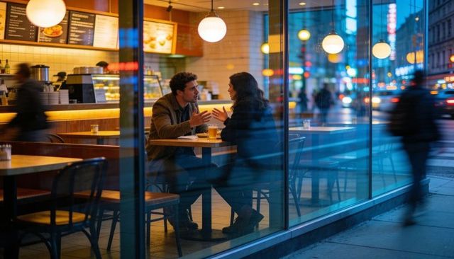 Intimate couple conversation in urban cafe at night with warm ambient window glow