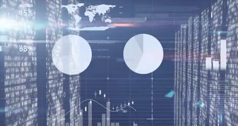 Futuristic Digital Graphs and World Map in Urban Setting