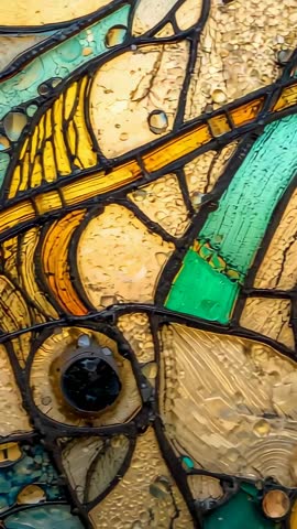 Vertical panning stained glass panel revealing amber band and rivet in warm backlight