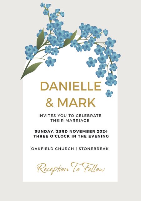This elegant wedding invitation template features a beautiful blue floral design, showcasing a formal and sophisticated announcement. Ideal for couples planning a church wedding, this template can be personalized with event details and shared with guests. Perfect for conveying a romantic and elegant look, it captures the essence of traditional wedding themes and can be used in both digital and print formats to invite friends and family to celebrate a special day.