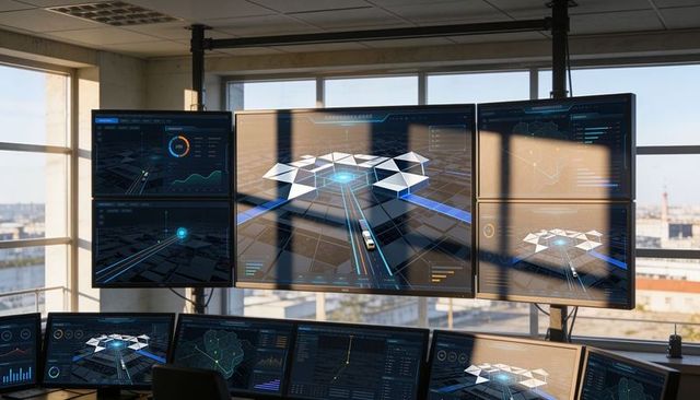 Ai control room monitoring hexagonal tile network and telemetry on multi-screen dashboards