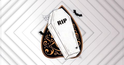 Floating rip coffin on ornate black orange gothic backdrop with bats spiders and webs