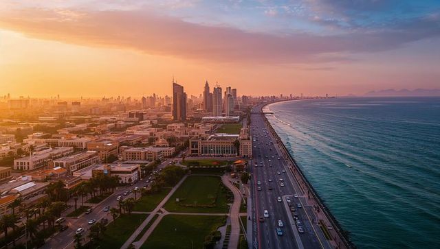 Cars cruising along coastal highway at golden sunset with city skyline and palm promenade