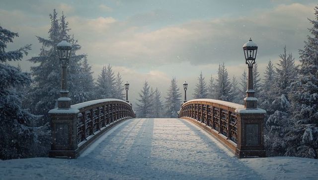 Snow-covered ornate bridge leading into misty evergreen forest with vintage lampposts
