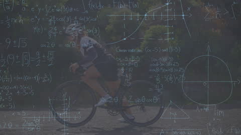 Cyclist in Motion Overlaid with Mathematical Equations