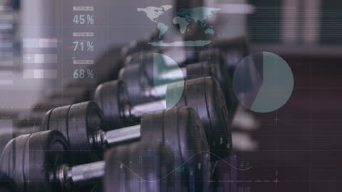 Digital Analytics Over Row of Dumbbells in Gym
