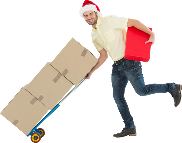 Transparent Delivery Man Pushing Hand Truck in Santa Hat - Download Free Stock Videos Pikwizard.com