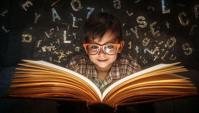 Young boy enthralled by magical glowing spellbook