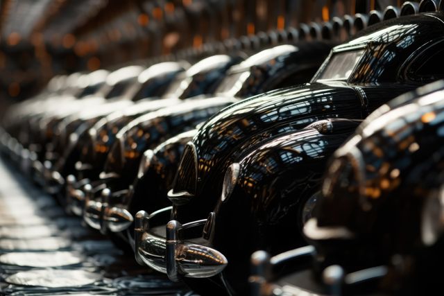 Rows of shiny black cars lined up at a dealership, reflecting overhead lights. The image captures the vast selection of vehicles available for customers to choose from.
