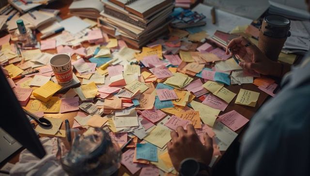 Overwhelmed desk filled with colorful sticky notes hands sorting ideas for brainstorming