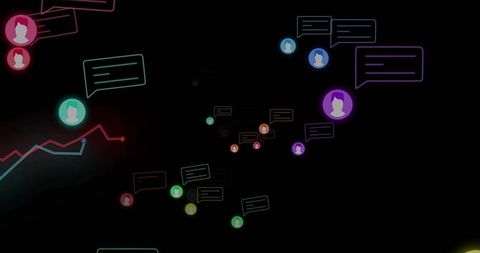 Neon Chat Bubble Network Floating Across Dark Canvas with Glowing Avatars and Data Graph