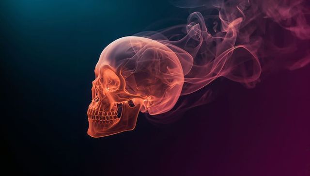 Glowing Translucent Skull with Smoky Trails Against Colorful Background