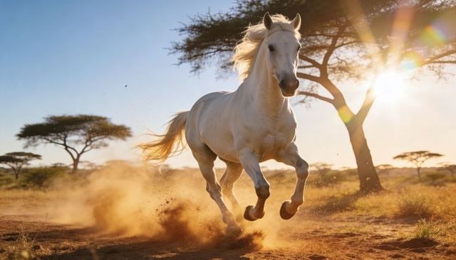 White horse galloping across african savanna at sunset kicking up dust
