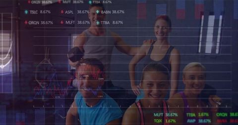 Fitness Group Posing and Smiling with Dumbbells in Gym with Analytics Overlay