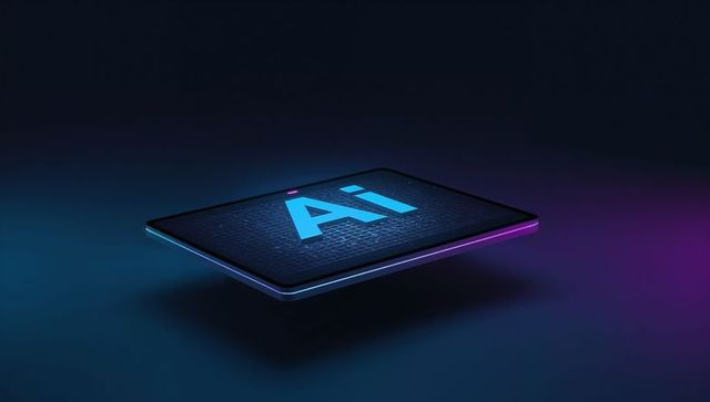 Floating tablet showing cyan ai on dark circuit grid with neon cyan and magenta rim