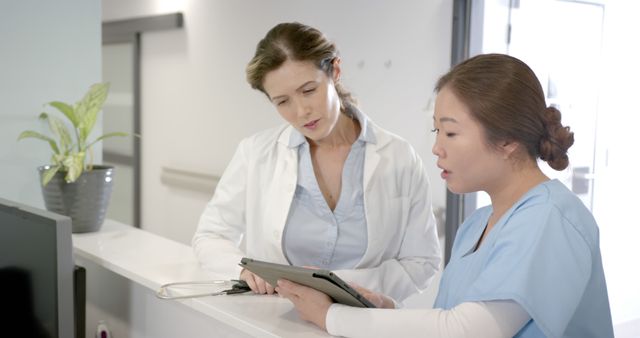 Healthcare professionals discussing patient information on digital tablet - Download Free Stock Images Pikwizard.com