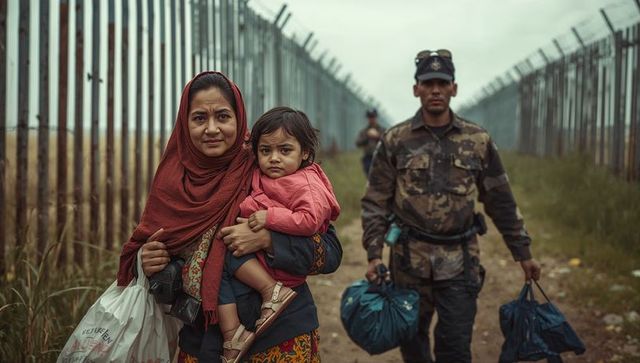 Resilient journey: woman with toddler on restricted path