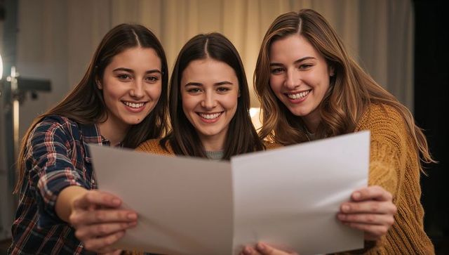 Three friends smiling while holding brochure together in cozy studio light