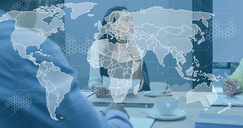 Global Business Meeting with Digital World Map Overlay Visualization