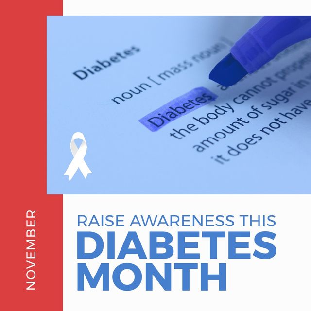 Square image of national diabetes awareness month text with blue ribbon symbol. Healthcare and medicine, national diabetes awareness month campaign.