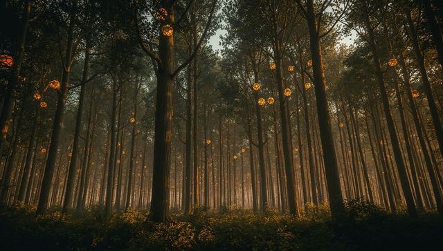 Lantern Orbs Illuminating Misty Temperate Forest Twilight, Ethereal Amber Glow