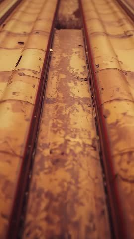 Vertical pan revealing weathered terracotta roof gutter and rusted drainage channel