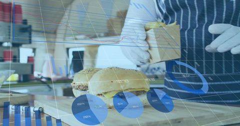 Fast food preparing burger with data analytics overlay