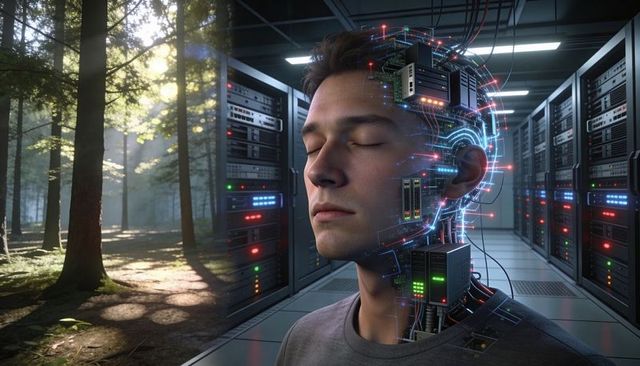 Male Head Merging with Server Circuitry and Sunlit Forest, Neural Cybernetic Fusion