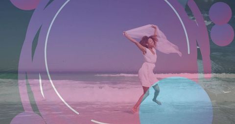 Joyful African American Woman at Beach with Vibrant Overlays