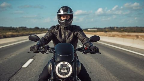 Motorcyclist Riding on Open Highway Wearing Full-Face Helmet and Black Leather Jacket