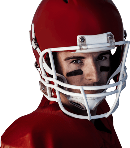 Serious american football player with red helmet on transparent background