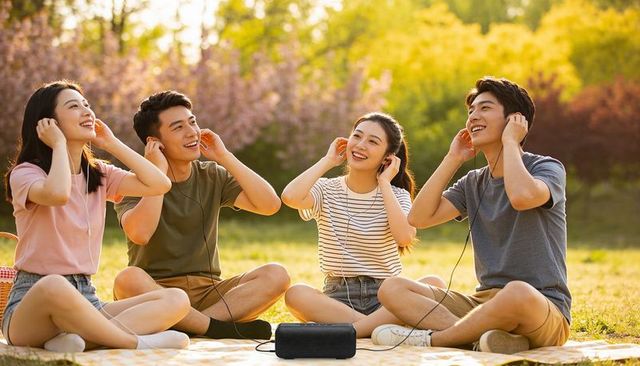 Friends listening to music together on picnic blanket in sunlit park sharing earbuds