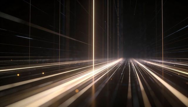 Converging neon light lines creating futuristic vanishing point in reflective tunnel