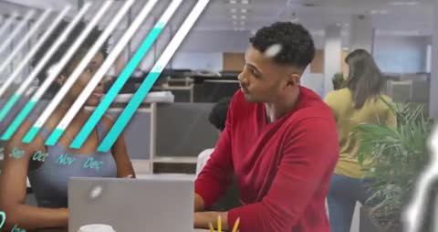 Colleagues reviewing interactive dashboard and sliding bar charts in modern open office