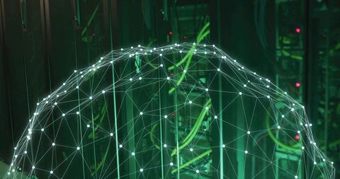 Translucent 3d mesh dome protecting server racks and green cabling in datacenter