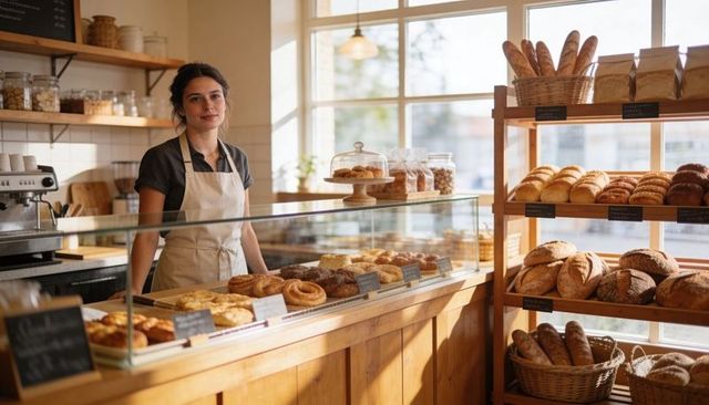 Smiling baker arranging pastries behind glass counter in sunlit rustic artisan bakery