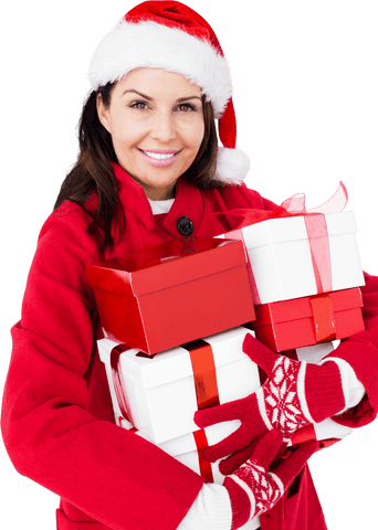 Festive Woman in Red Coat Holding Transparent Christmas Gifts