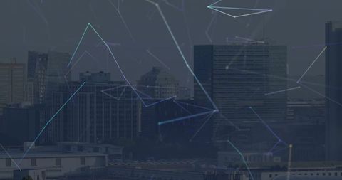 Cybernetic city skyline connecting network nodes with glowing geometric data overlay