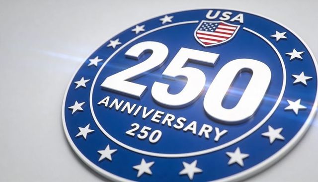 Glossy blue usa 250th anniversary medal emblem with raised numerals and stars