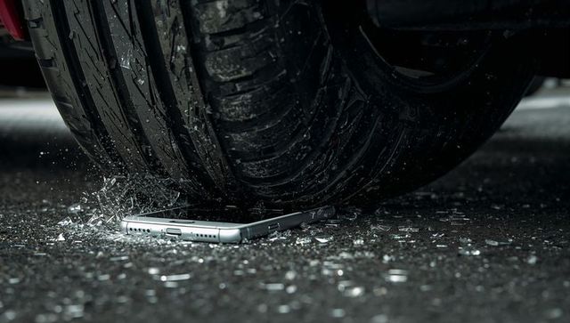 Car tire crushing smartphone on wet asphalt with shattered glass and cracked screen