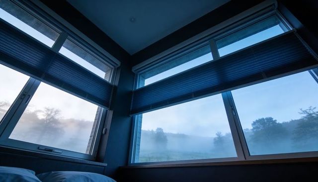 Corner bedroom windows revealing foggy valley at blue dawn with partial blinds