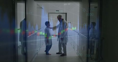 Doctor comforting child amid financial data animation