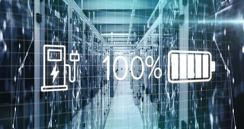 Battery Charge Icon Overlaying Data Center Corridor - Download Free Stock Images Pikwizard.com