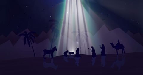 Digital nativity scene with glowing lights and silhouettes