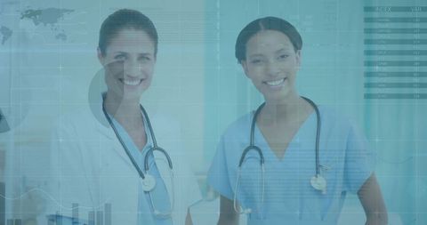 Smiling Healthcare Professionals in Clinic with Digital Data Interface